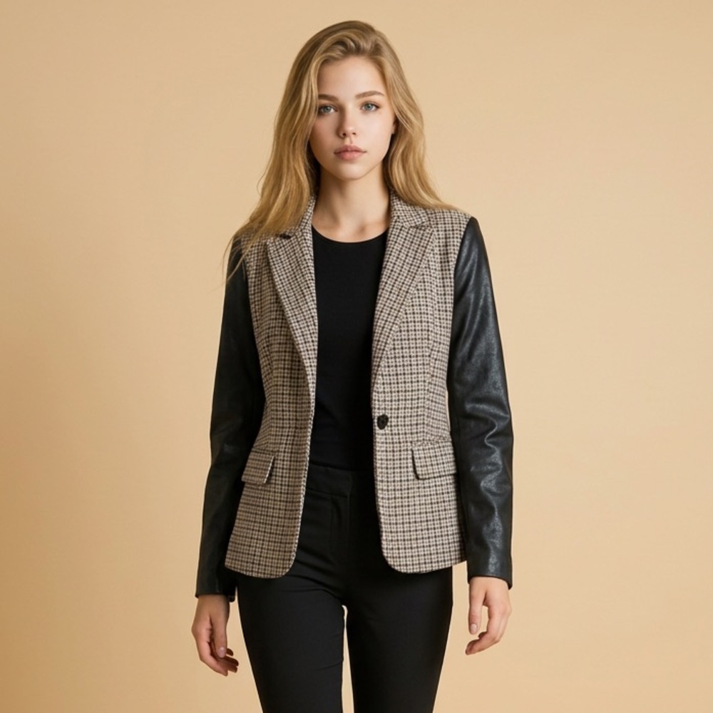Central Park West Ryder Faux Leather Sleeve Blazer houndstooth pattern